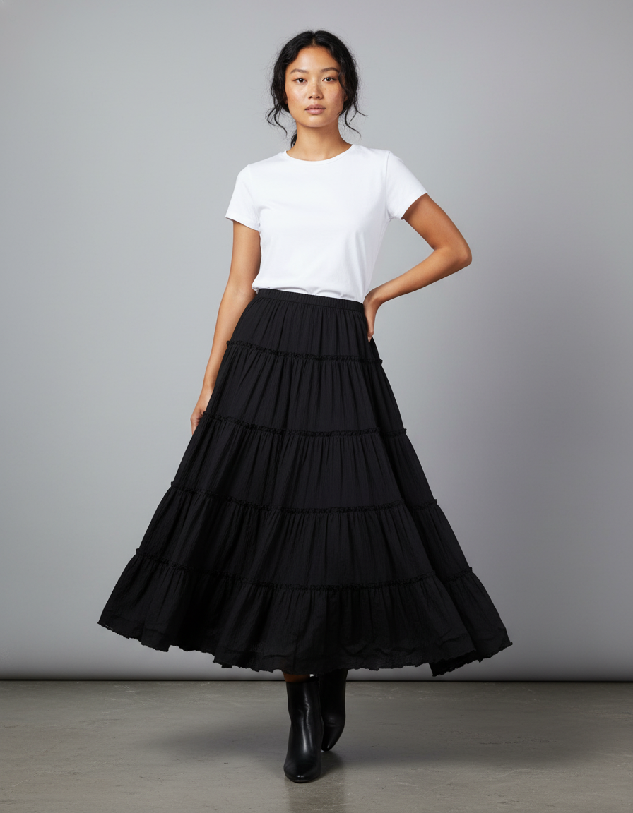 Jupe Longue Noire Fluide Volants