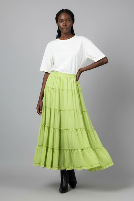 Jupe Longue Vert Citron À Volants Fluide
