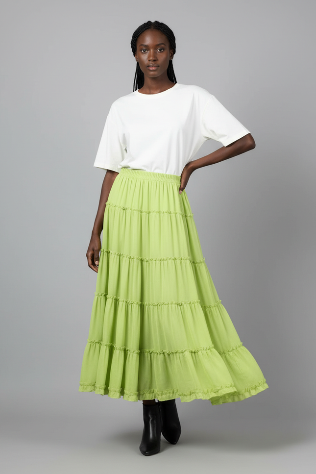 Jupe Longue Vert Citron À Volants Fluide