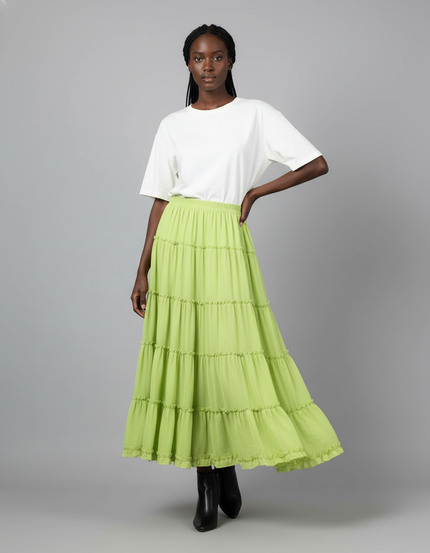 Jupe Longue Vert Citron À Volants Fluide