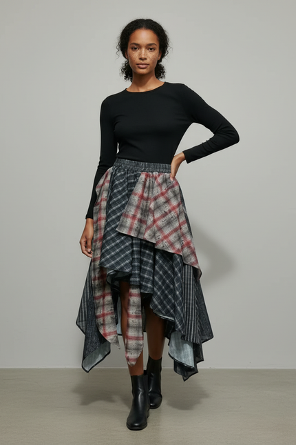 Jupe Longue Plaid Asymétrique Chic