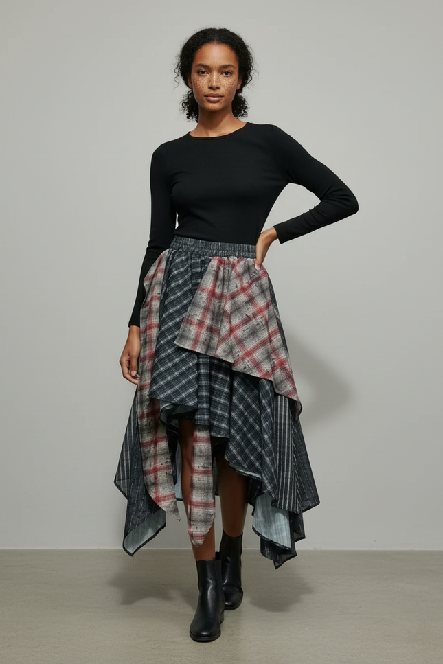 Jupe Longue Plaid Asymétrique Chic
