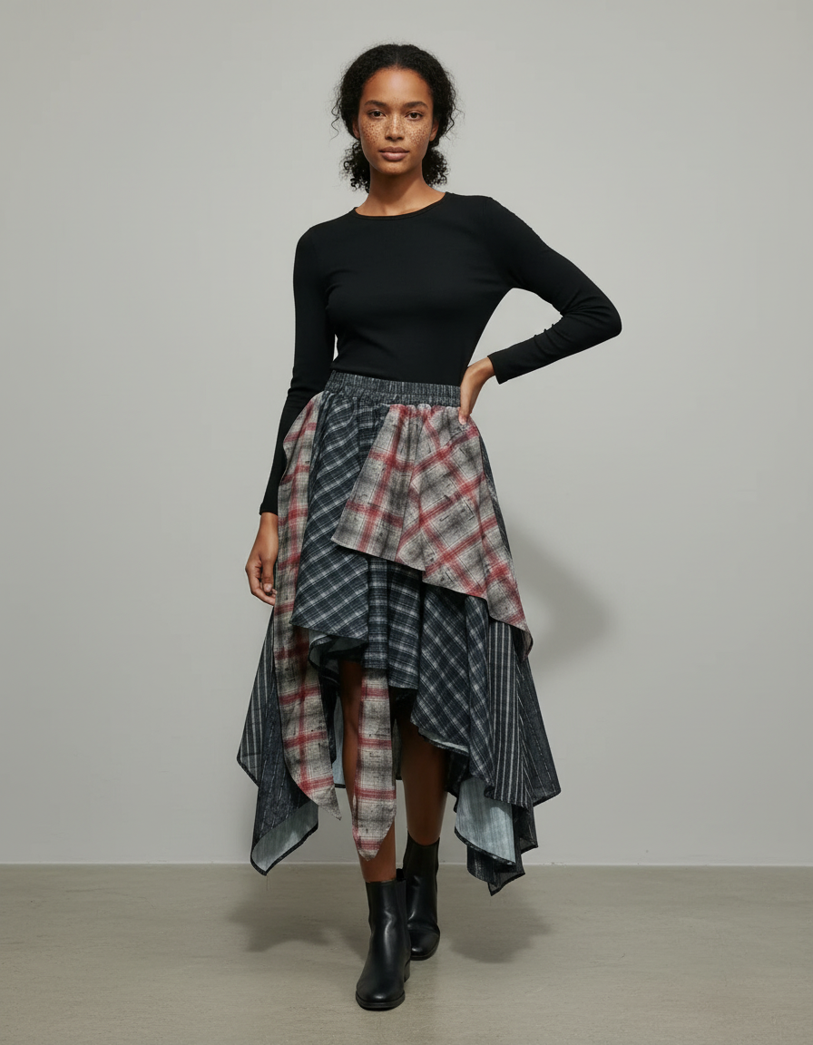 Jupe Longue Plaid Asymétrique Chic