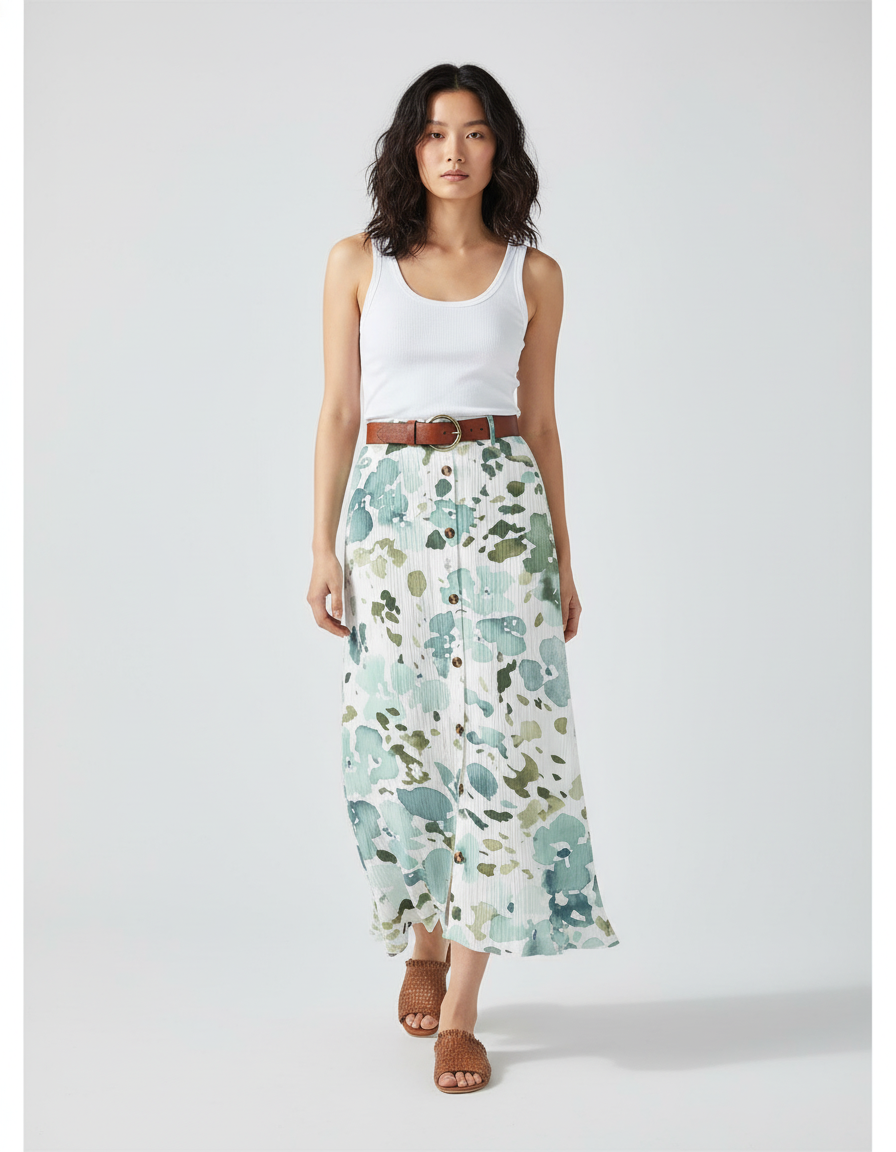 Jupe Longue Fleurie Boutonnée