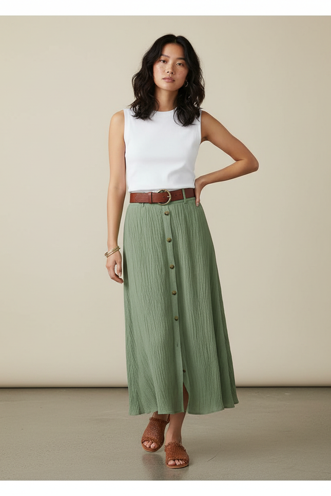 Jupe Longue Verte Boutonnée Fluide