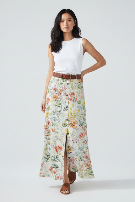 Jupe Longue Fleurie Boutonnée Fluide