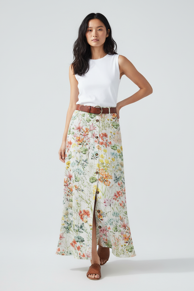 Jupe Longue Fleurie Boutonnée Fluide