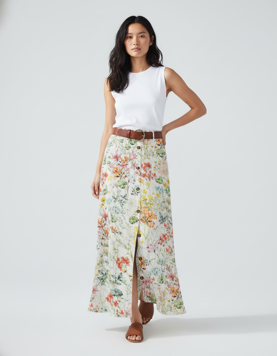 Jupe Longue Fleurie Boutonnée Fluide