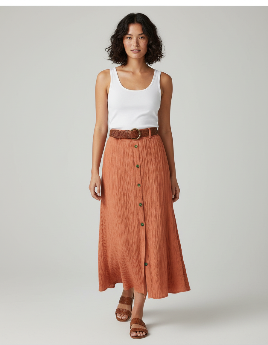 Jupe Longue Terracotta Boutonnée Fluide