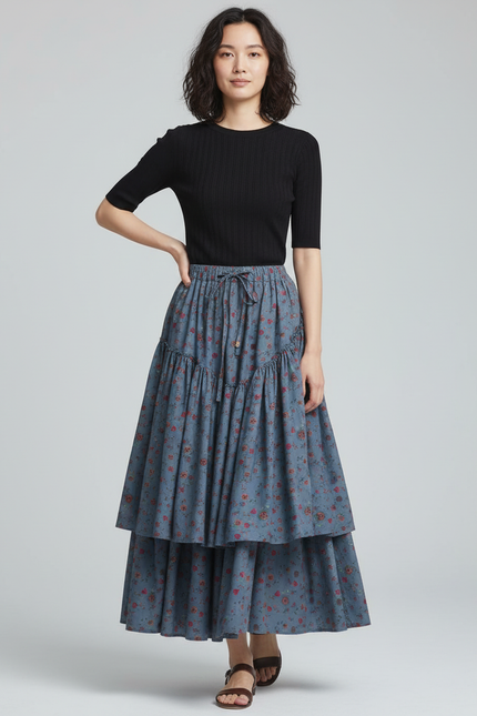 Jupe Longue À Volants Fleurie Bohème