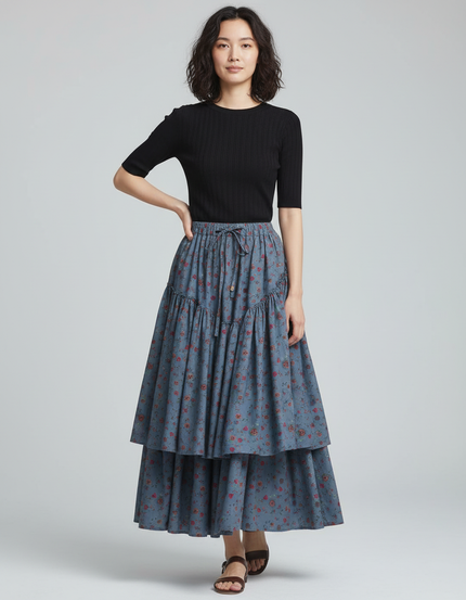 Jupe Longue À Volants Fleurie Bohème