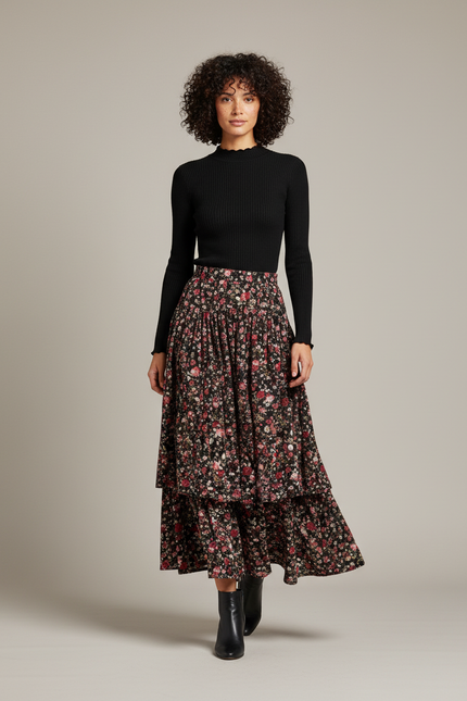 Jupe Longue Florale Superposée Bohème Femme