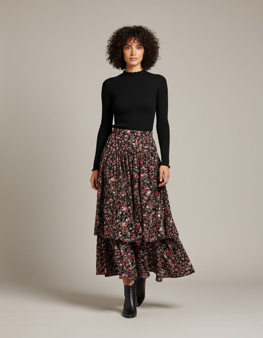 Jupe Longue Florale Superposée Bohème Femme