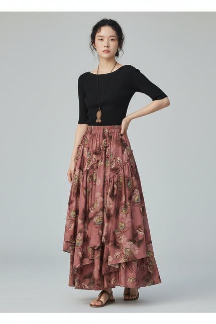 Jupe Longue Fleuri À Volants Bohème