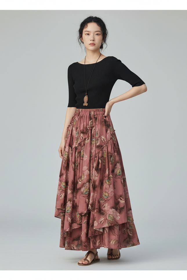 Jupe Longue Fleuri À Volants Bohème