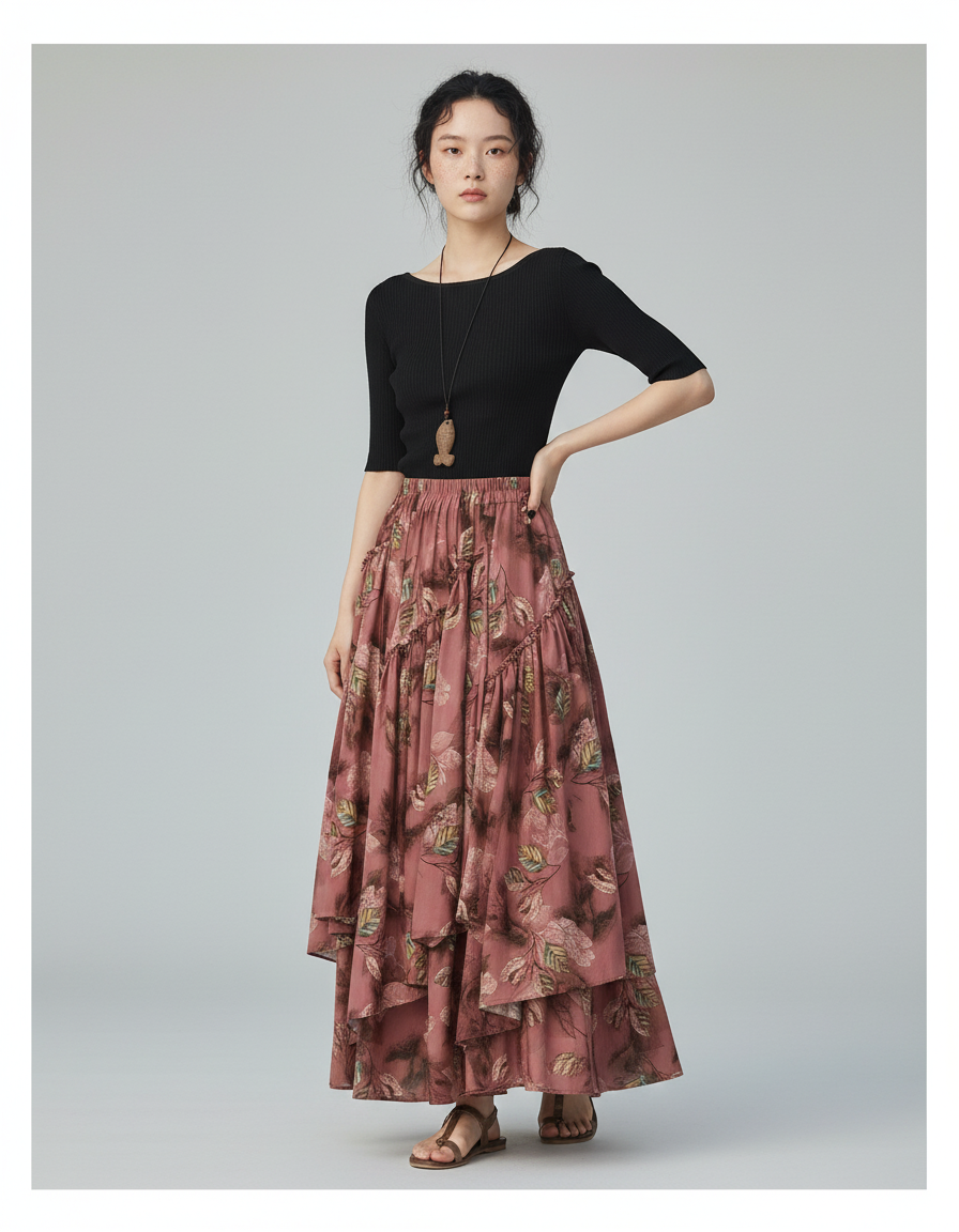 Jupe Longue Fleuri À Volants Bohème