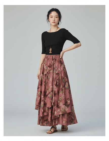 Jupe Longue Fleuri À Volants Bohème