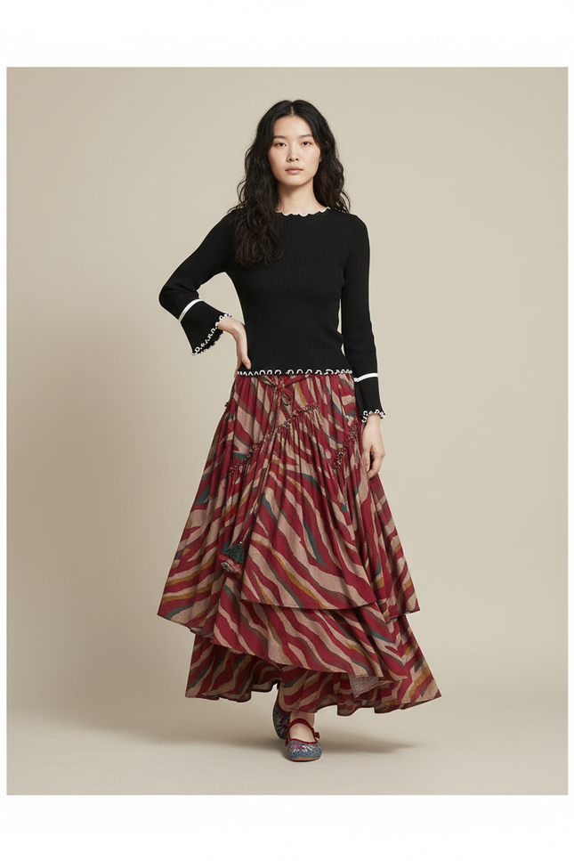 Jupe Longue Étagée Imprimée Bohème