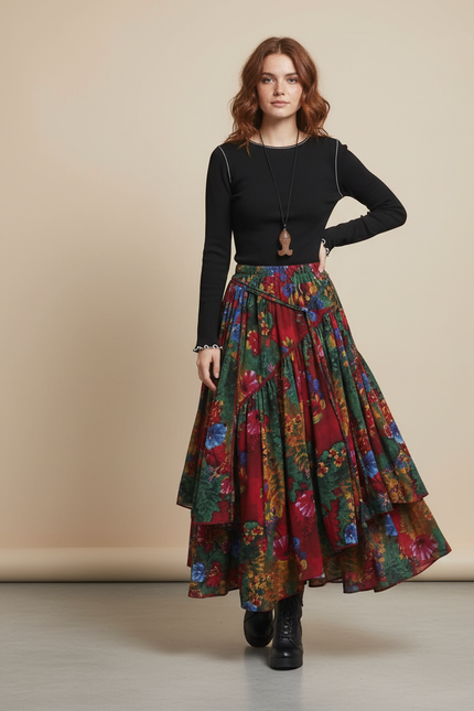 Jupe Longue Motif Floral Fluide Bohème