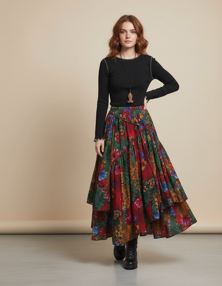 Jupe Longue Motif Floral Fluide Bohème