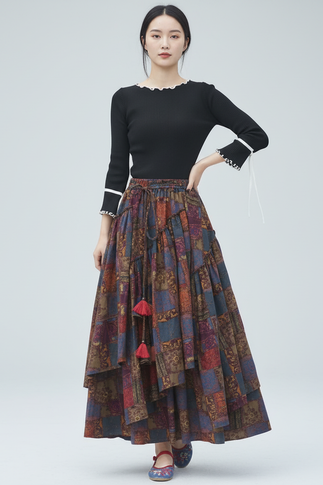Jupe Longue Patchwork Ethnique Fluide