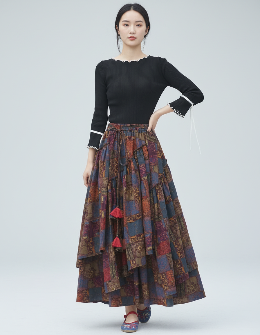 Jupe Longue Patchwork Ethnique Fluide