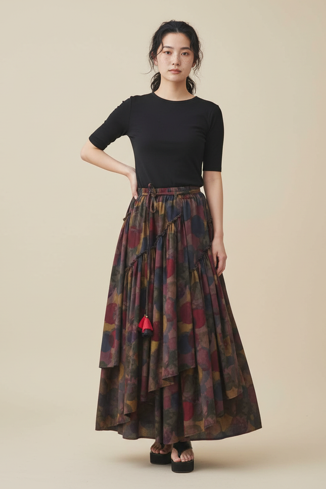 Jupe Longue Motif Ethnique À Volants Bohème