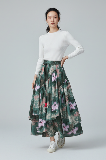 Jupe Longue Imprimée Florale Asymétrique Bohème