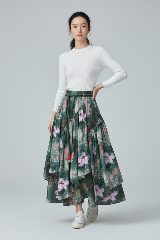 Jupe Longue Imprimée Florale Asymétrique Bohème