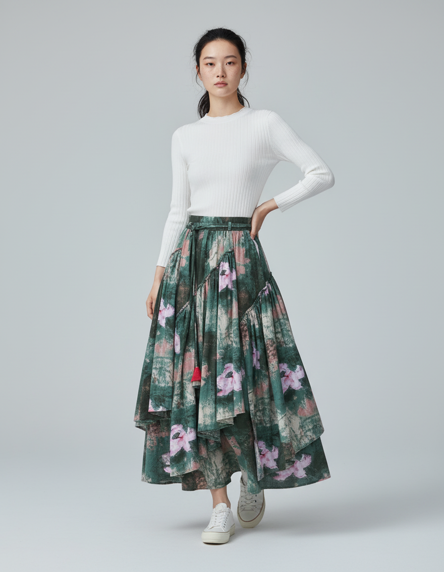 Jupe Longue Imprimée Florale Asymétrique Bohème