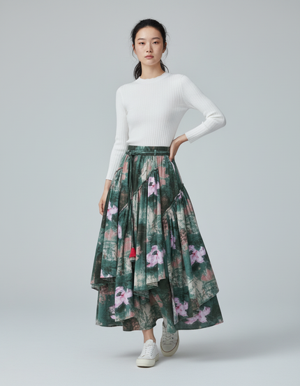 Jupe Longue Imprimée Florale Asymétrique Bohème