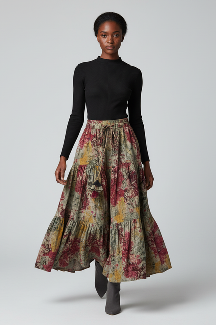 Jupe Longue Imprimée À Volants Bohème