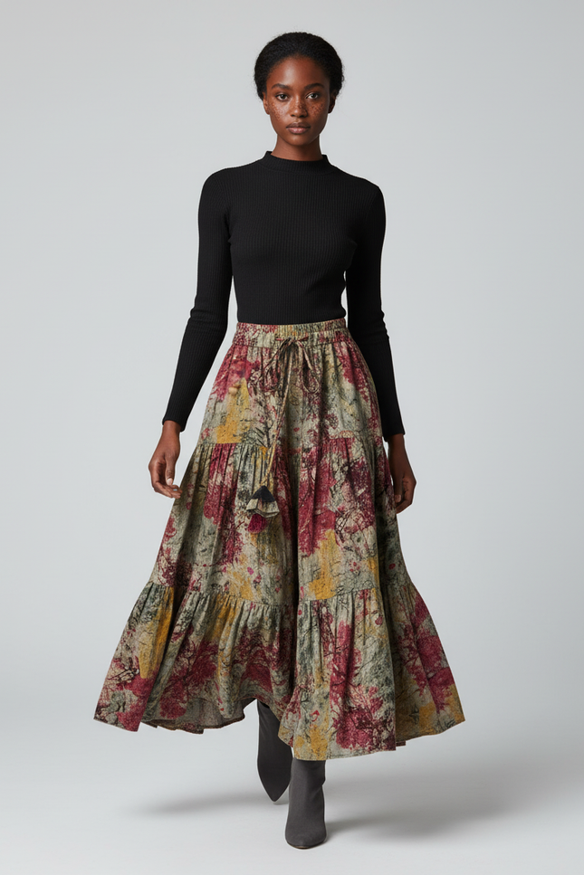 Jupe Longue Imprimée À Volants Bohème