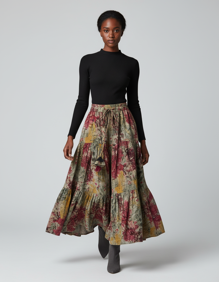 Jupe Longue Imprimée À Volants Bohème