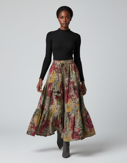 Jupe Longue Imprimée À Volants Bohème