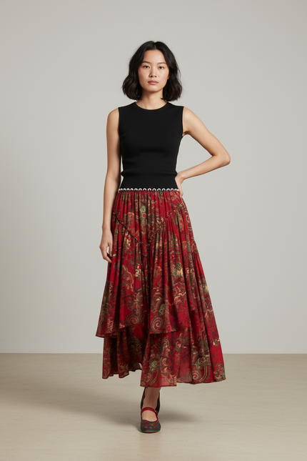 Jupe Longue Rouge À Volants Bohème