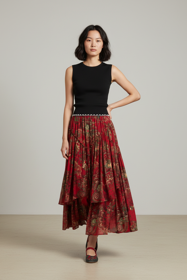 Jupe Longue Rouge À Volants Bohème