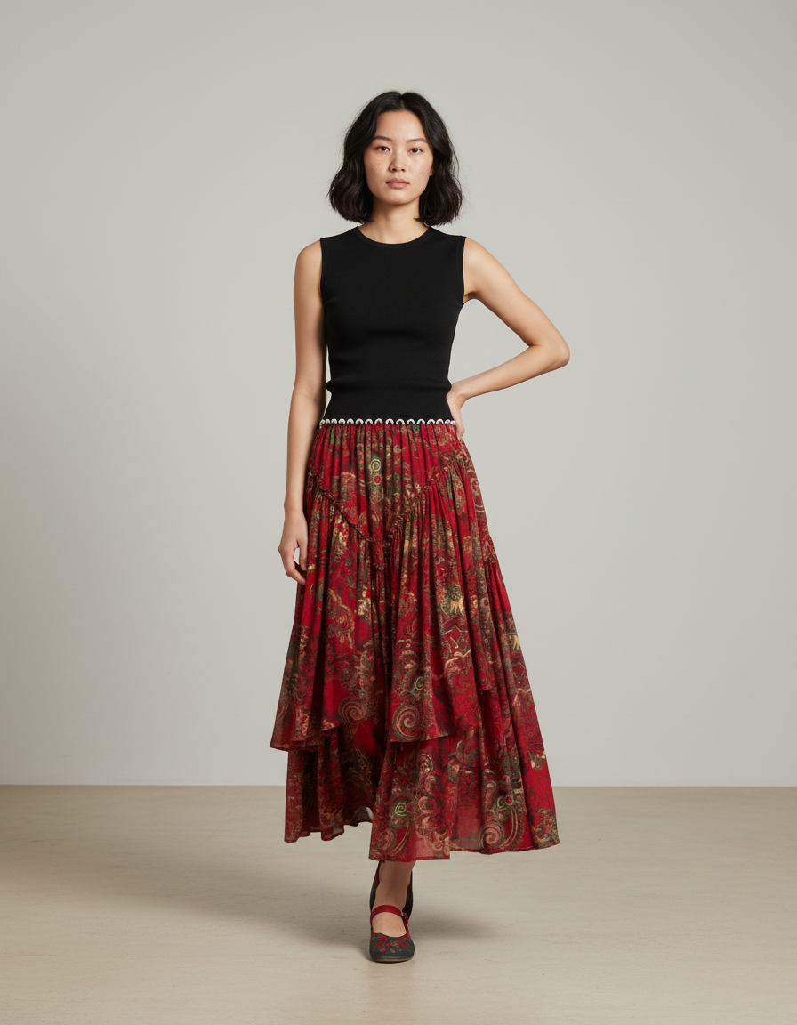 Jupe Longue Rouge À Volants Bohème