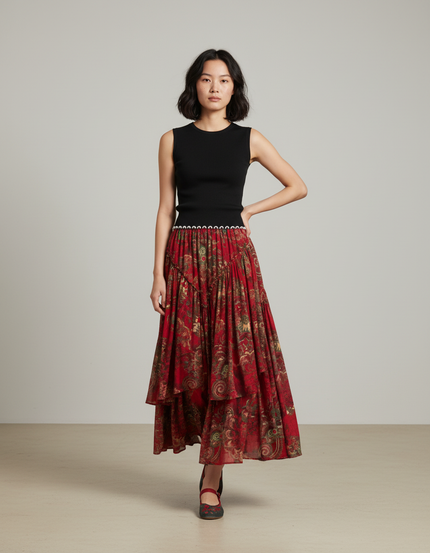 Jupe Longue Rouge À Volants Bohème