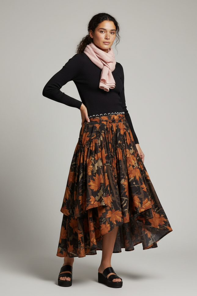 Jupe Longue Motif Feuilles Asymétrique Vintage