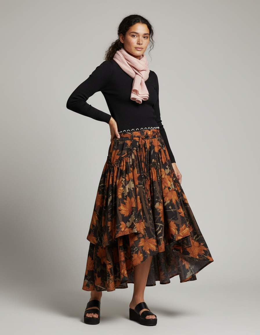 Jupe Longue Motif Feuilles Asymétrique Vintage