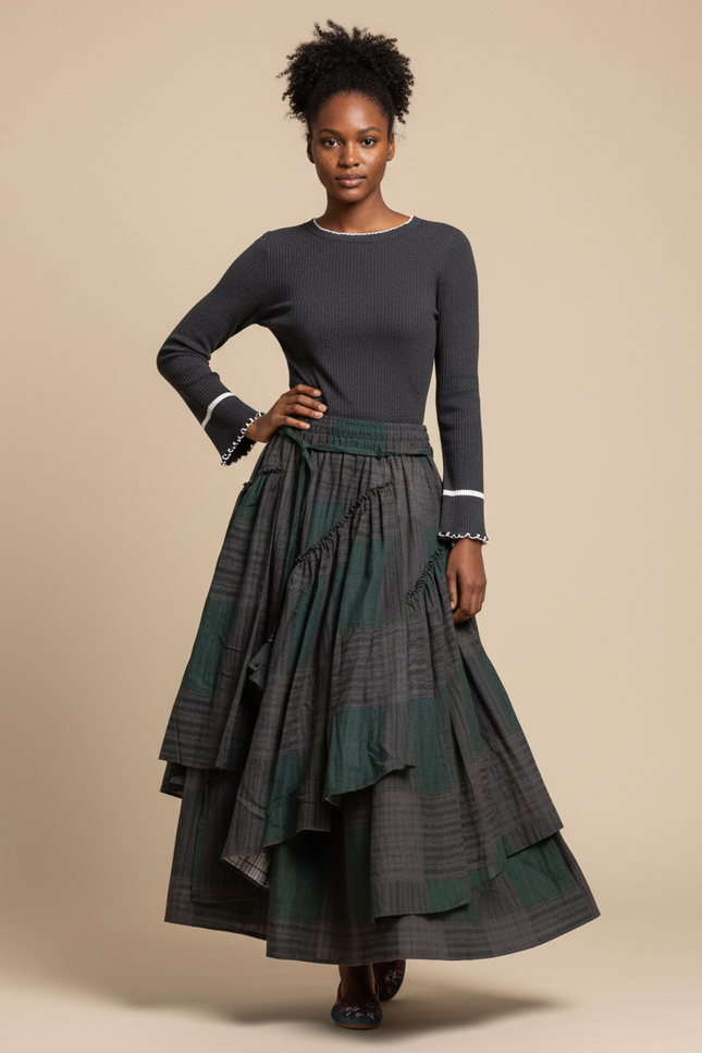 Jupe Longue À Volants Bicolore Bohème