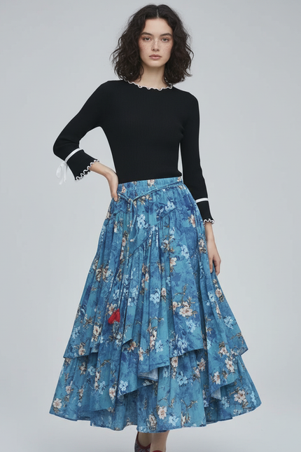 Jupe Longue Florale Bleue Bohème