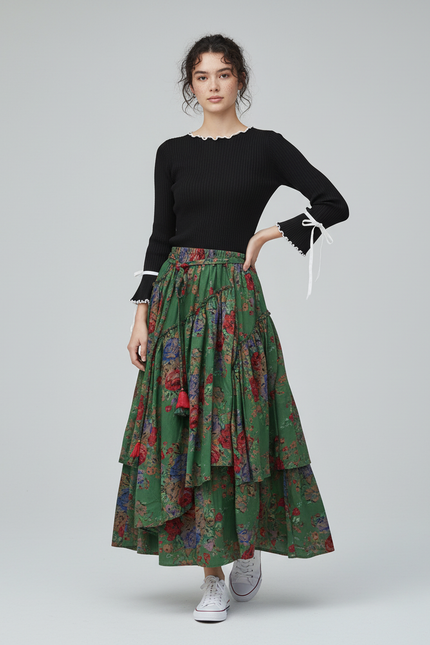 Jupe Longue Florale À Volants Bohème