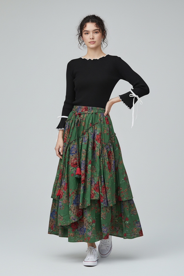 Jupe Longue Florale À Volants Bohème