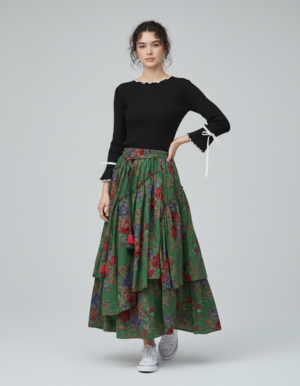Jupe Longue Florale À Volants Bohème