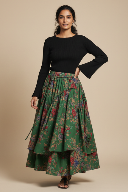 Jupe Longue Florale Étagée Rétro