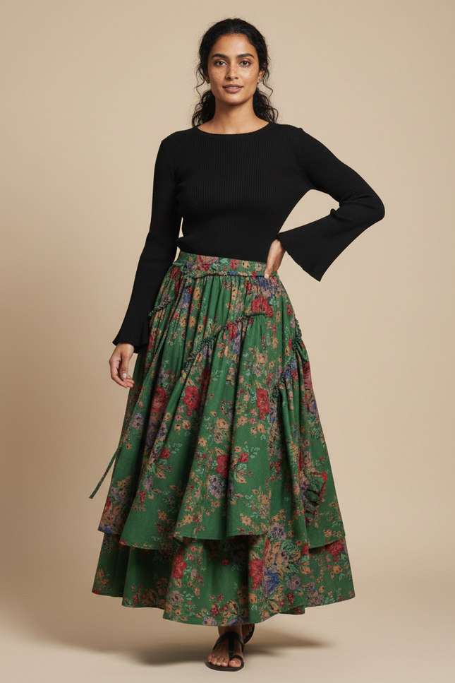 Jupe Longue Florale Étagée Rétro