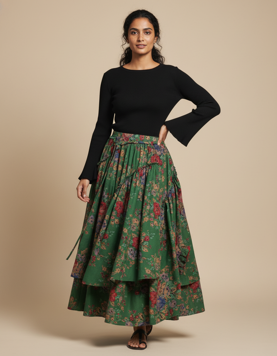 Jupe Longue Florale Étagée Rétro