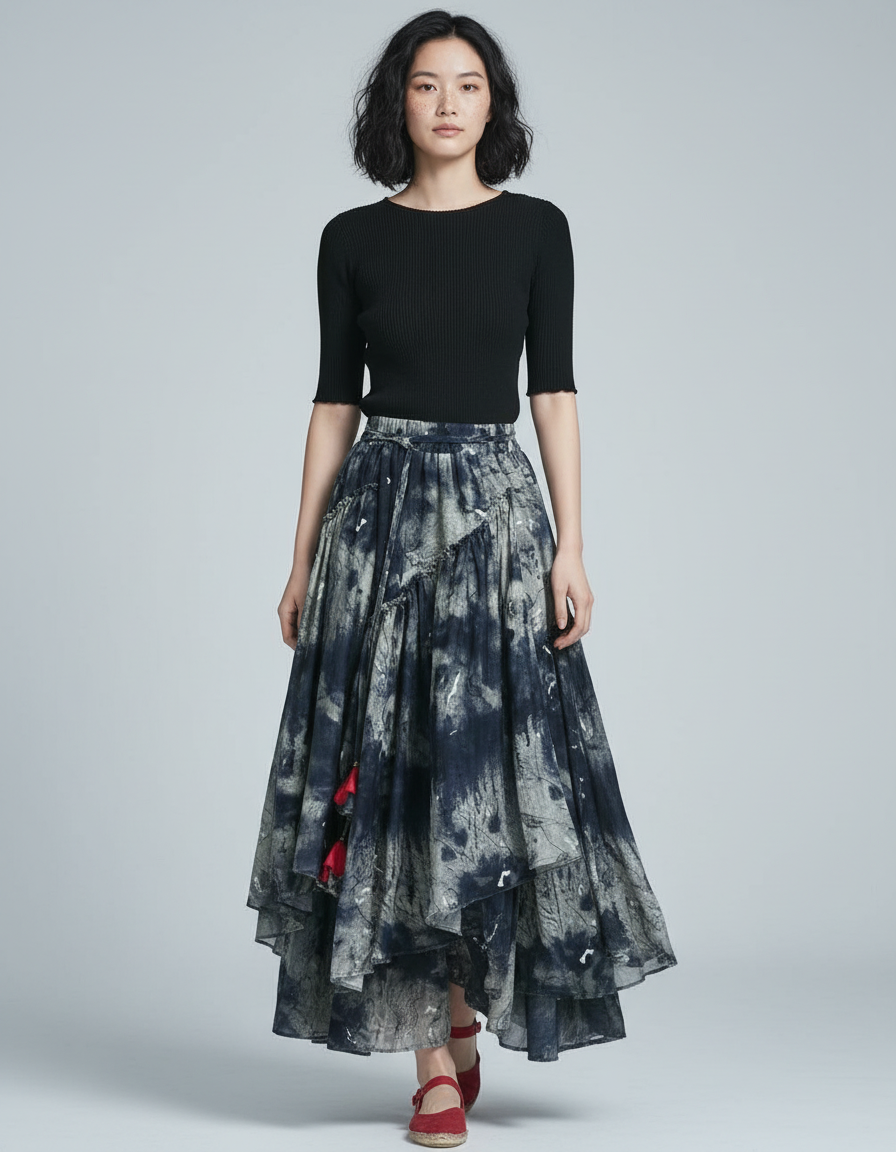 Jupe Longue Asymétrique Imprimé Fluide